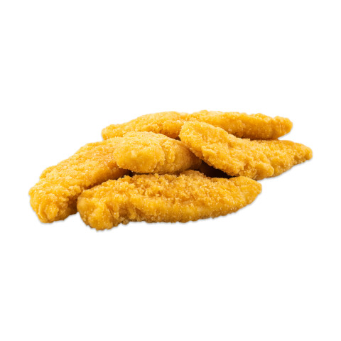 Breaded SFC-style chicken breast fillet stripes (64%) fully-cooked 2x2.5kg bags/box IQF LT 04770513127049